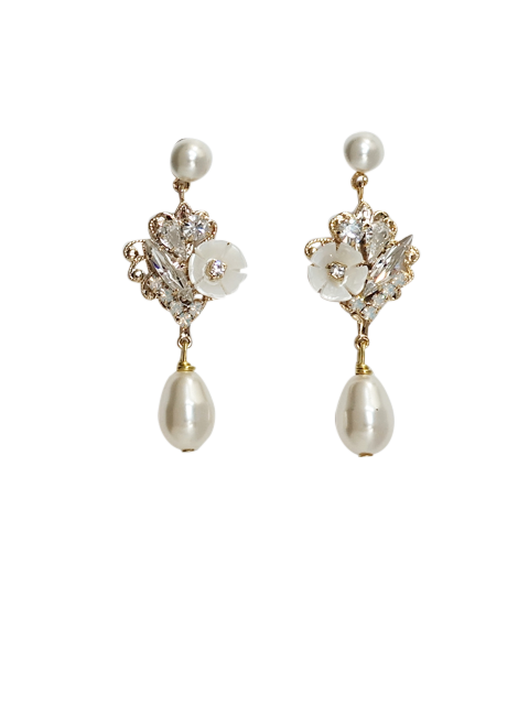 Dahlia Pearl Drop Wedding Earrings | Silver Moon