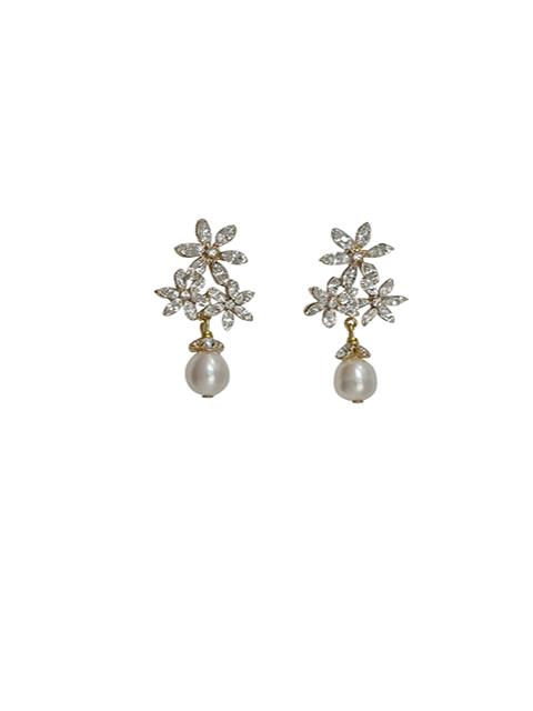 Floral Pearl Drop Wedding Earrings | Silver Moon